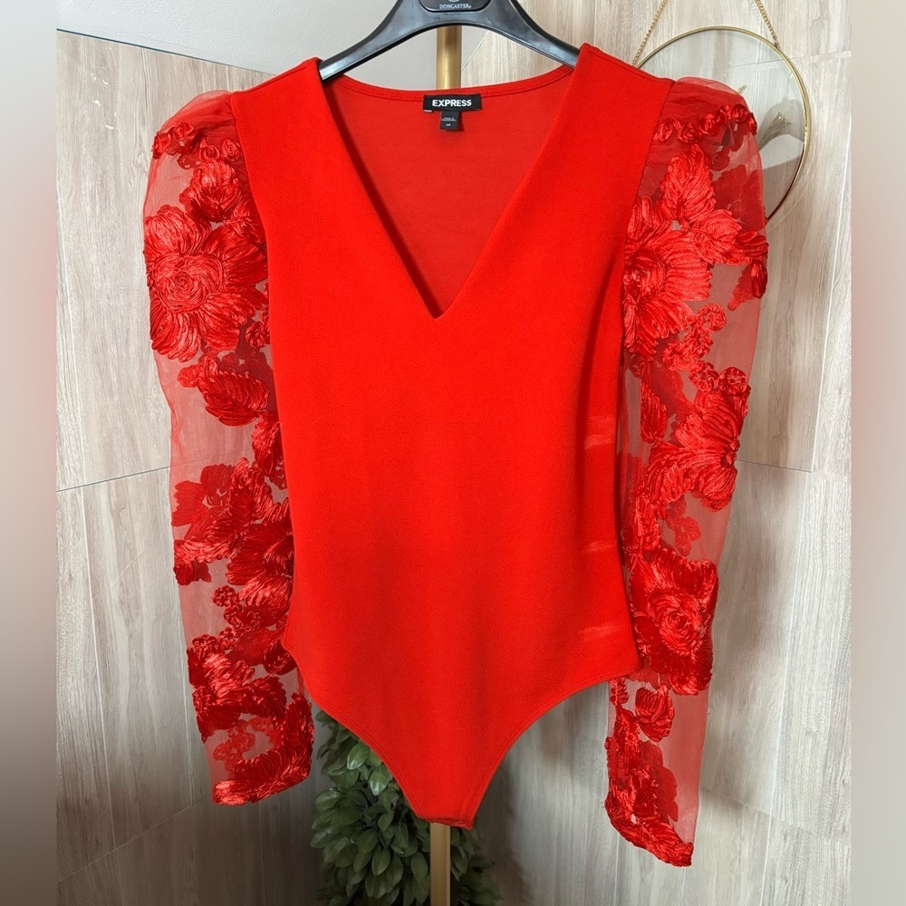 Express Vivid Red Floral Sheer Sleeve Bodysuit